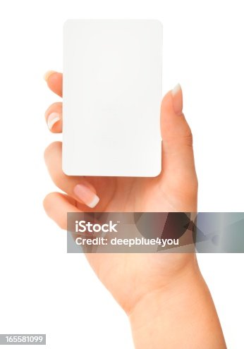 istock Blank play card in woman hand on white 165581099