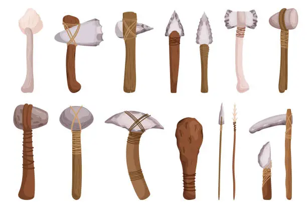 Vector illustration of Stone Age Tools For Hunting, Cooking, And Crafting. Axe, Spear, Flint Knife, Grinding Stone, Hand Axe, Bone Awl, Scraper