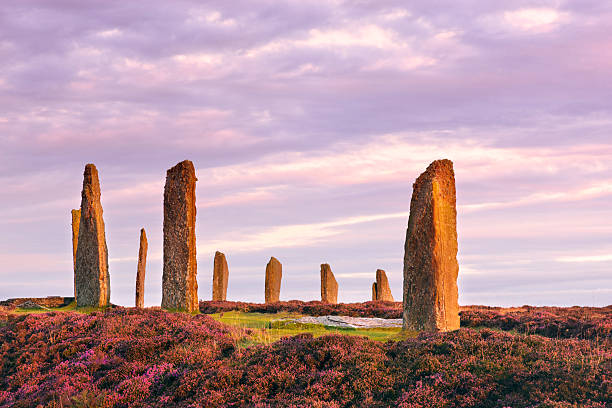 Ring Of Brodgar, Orkney The ancient standing stones of the Ring of Brodgar in the Orkney Islands off the north coast of Scotland, in the early morning just at sunrise. This monument in the heart of the Neolithic Orkney World Heritage Site is believed to have been built between 4000 and 4500 years ago. Originally built with sixty stones in a circle over 100 metres (over 100 yards) across, fewer than half of the stones still stand. The tallest of the stones is a little over 4.5 metres (15 feet) tall. orkney islands stock pictures, royalty-free photos & images