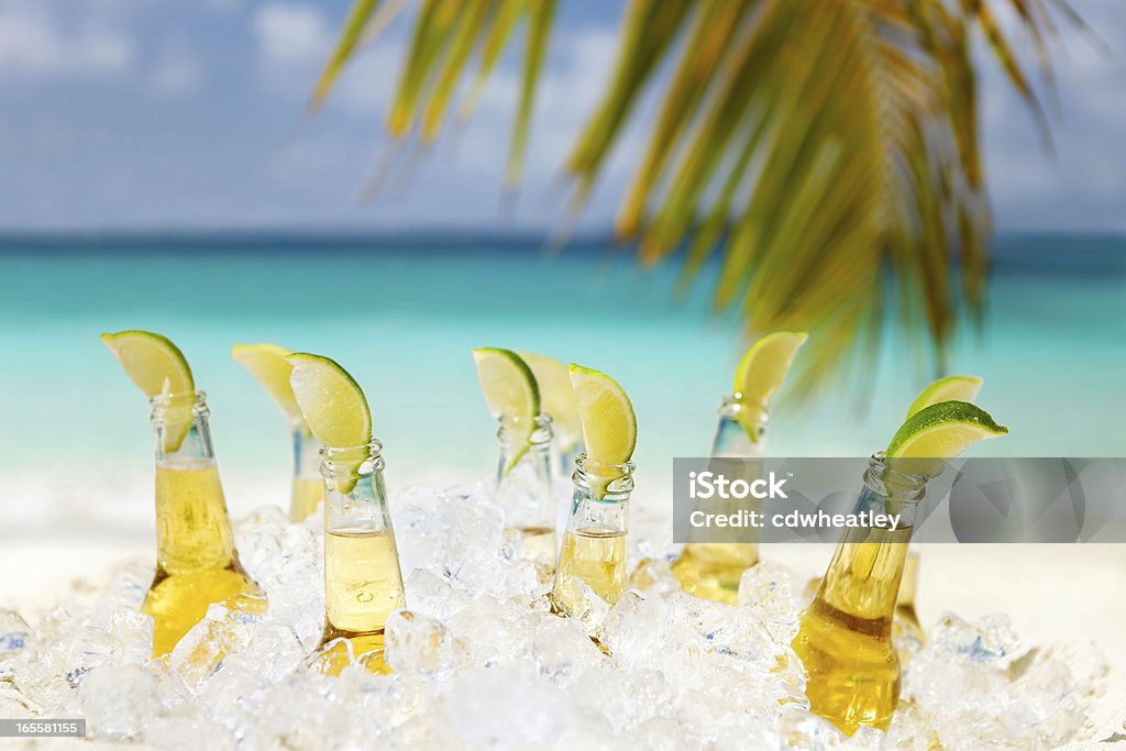 Bières avec citrons verts sous le Palmier sur la plage - Photo de Bière libre de droits