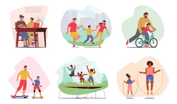 Vector illustration of Set Family Leisure And Activities. Parents And Kids Doing Homework, Walking Together, Father Teaching Son to Ride Bike
