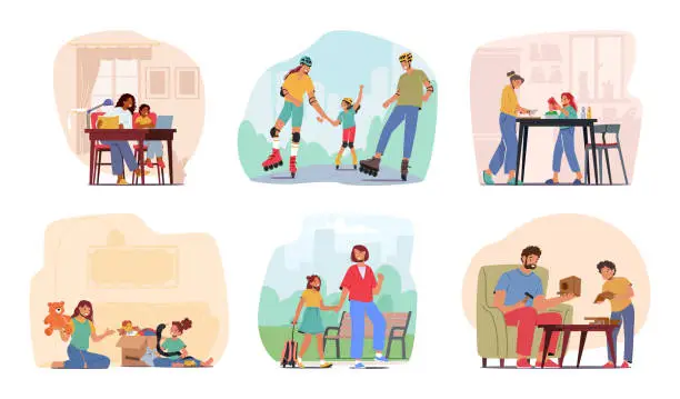 Vector illustration of Set Family Leisure And Activities. Parents And Kids Characters Doing Homework, Rollerblading In Park