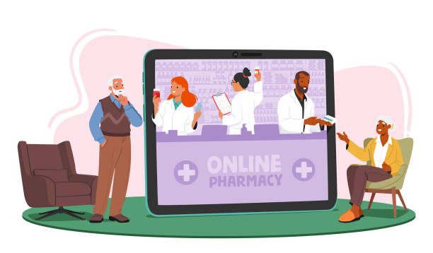 starsi bohaterowie wygodnie zamawiają recepty i leki ze sklepu internetowego, zapewniając łatwy dostęp - vitamin pill store shopping senior adult stock illustrations