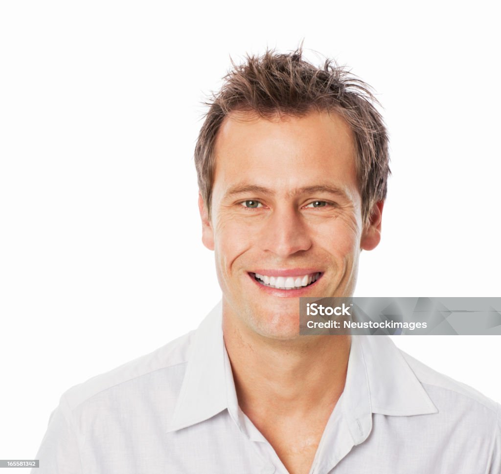 Mid Adult Man Smiling - Isolated Portrait of a handsome casual mid adult man smiling. Horizontal shot. Isolated on white. Human Face Stock Photo