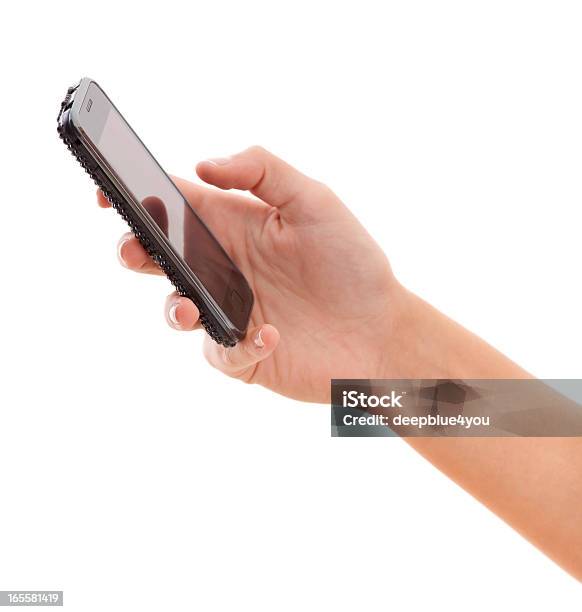 Kobieta Z Smartphone W Rękę Na Białym - zdjęcia stockowe i więcej obrazów Telefon - Telefon, Telefon przenośny, Z boku