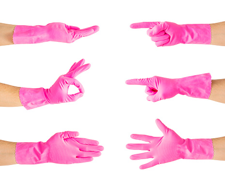 Set of male cleaner`s hands in pink glove , isolated on white background
