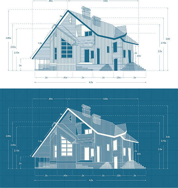 Abstract Suburban House. Two Blueprint Versions vector art illustration