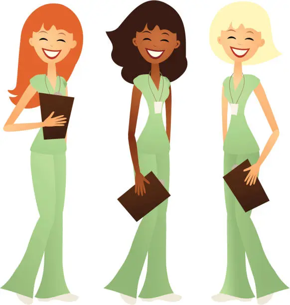 Vector illustration of Three Smiling Nurses in a Retro Style