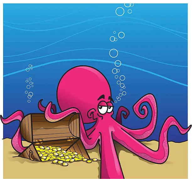 Vector illustration of Octopus protecting treasure chest