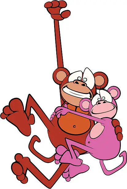 Vector illustration of Monkey Couple Hanging Cartoon