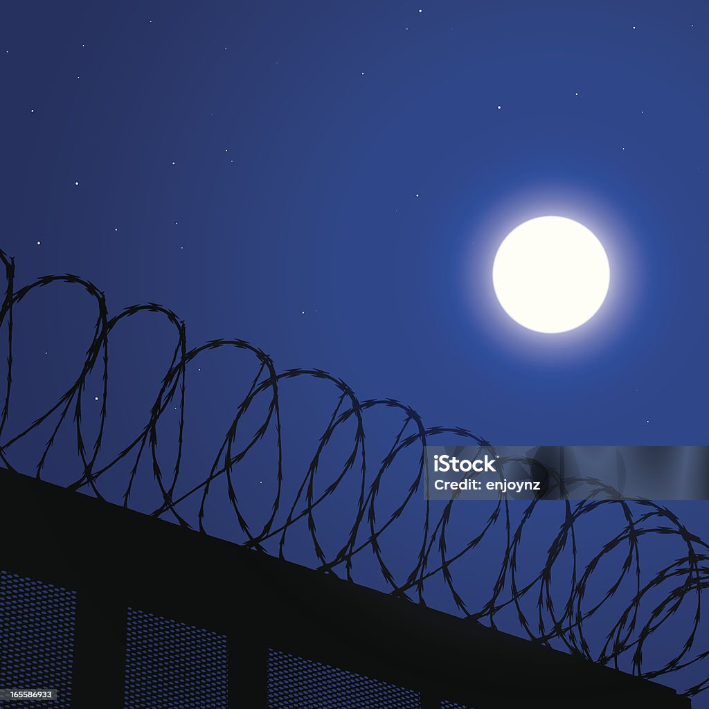 Jail break Razor wire security fence in the night Prison stock vector