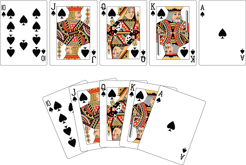 Two examples of a Spade playing card 'Royal Flush.'
