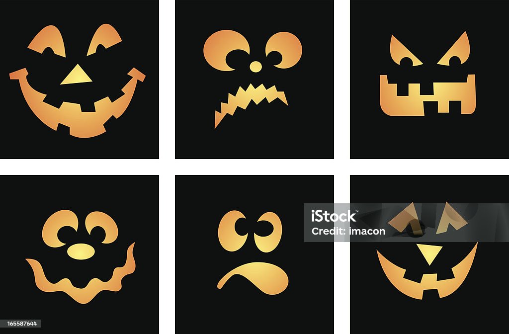Six visages, vecteur de dessin animé sur le thème de Halloween, alias Citrouille illuminée - clipart vectoriel de Halloween libre de droits