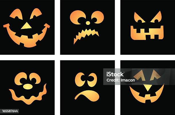 Six Visages Vecteur De Dessin Animé Sur Le Thème De Halloween Alias Citrouille Illuminée Vecteurs libres de droits et plus d'images vectorielles de Halloween