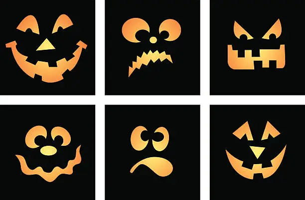 Vector illustration of Six Vector Cartoon Faces, Halloween themed, aka Jack O' Lantern