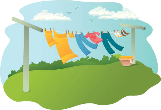 ilustrações, clipart, desenhos animados e ícones de linha de roupas - laundry clothing clothesline hanging