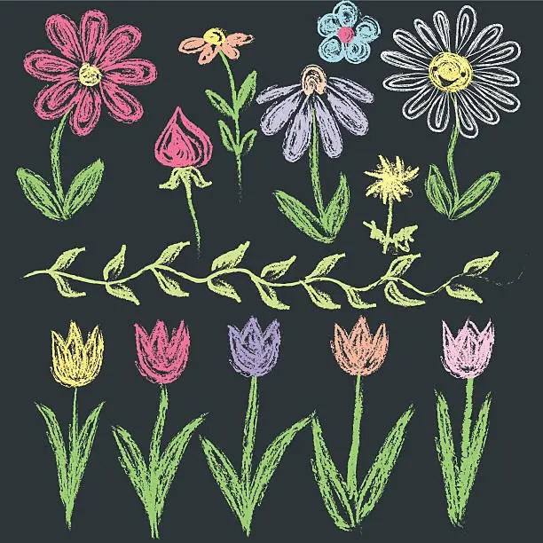 Vector illustration of Chalkboard doodle flowers in various colors.