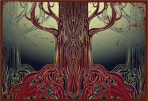 eery trees is it a swamp at sundown, or just a dark fantasy vision? hand drawn tree... sky forest root tree stock illustrations