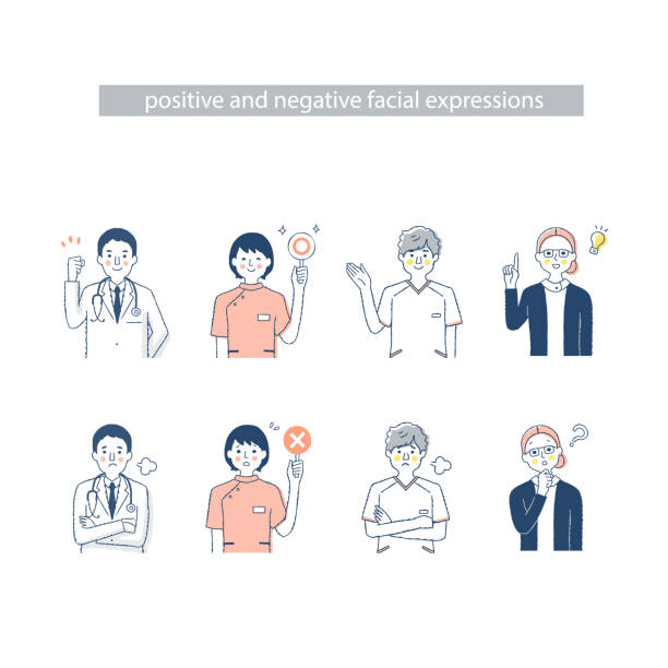 negatywny i pozytywny wyraz twarzy czterech pracowników medycznych płci męskiej i żeńskiej - male nurse nurse scrubs white background stock illustrations