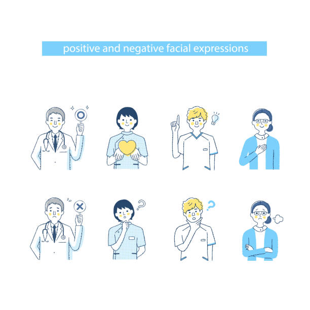 negatywny i pozytywny wyraz twarzy czterech pracowników medycznych płci męskiej i żeńskiej - male nurse nurse scrubs white background stock illustrations