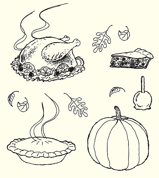 thanksgiving-icons-skizze-stil - thanksgiving symbol turkey apple stock-grafiken, -clipart, -cartoons und -symbole