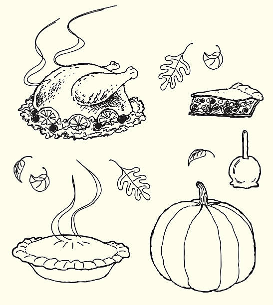 день благодарения иконки-эскиз стиль - cooked chicken sketching roasted stock illustrations