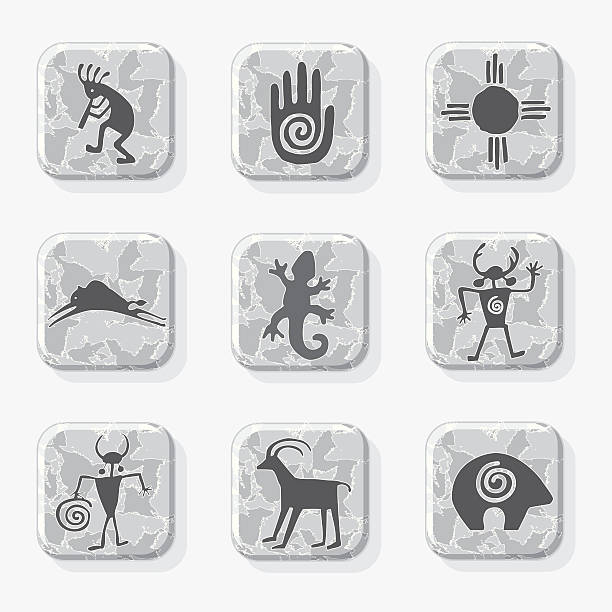 Native American Petroglyph Icons in Black and White Native American petroglyph icons on a textured stone tile. Petroglyphs and tiles are each grouped on separate layers for easy editing. (colors may be easily changed with vector software.) Hi Res JPEG and CS3 files are included. anasazi stock illustrations