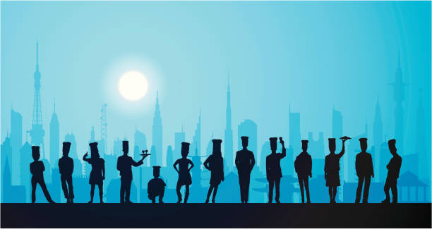 셰프 도시 - chef silhouette hat large group of people stock illustrations