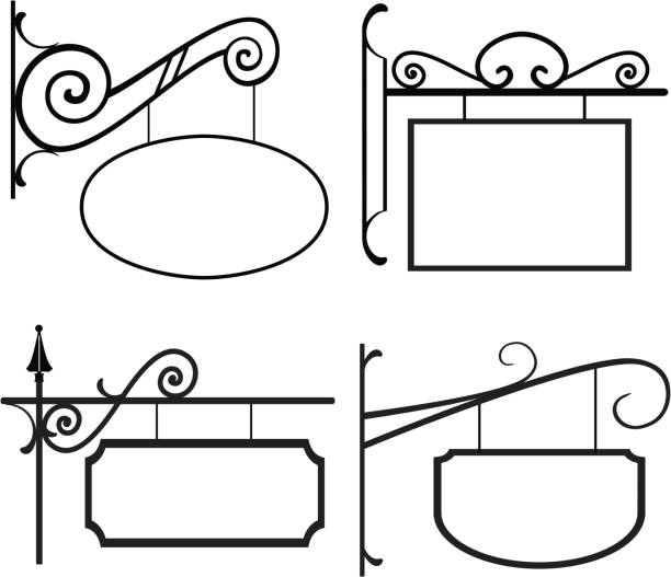 ilustrações, clipart, desenhos animados e ícones de arte linear-placas com tirantes de ferro forjado - sinal de loja