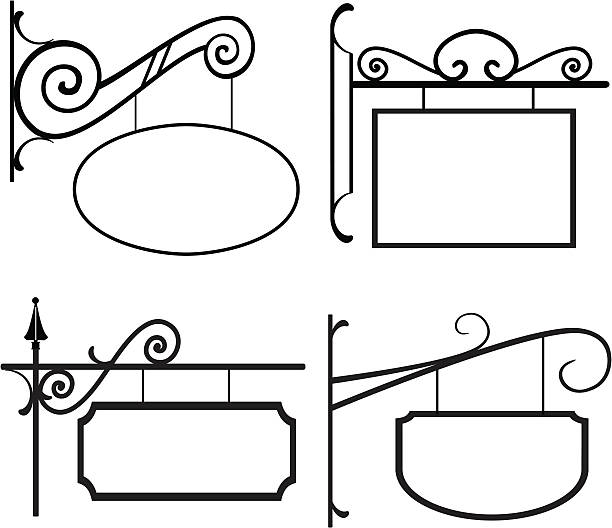 Line Art - Signs with Wrought Iron Hangers A collection of four line art signs with old-fashioned hangers.  Sign boards and connectors are separate pieces to allow you to easily add a new shape if desired. store sign stock illustrations