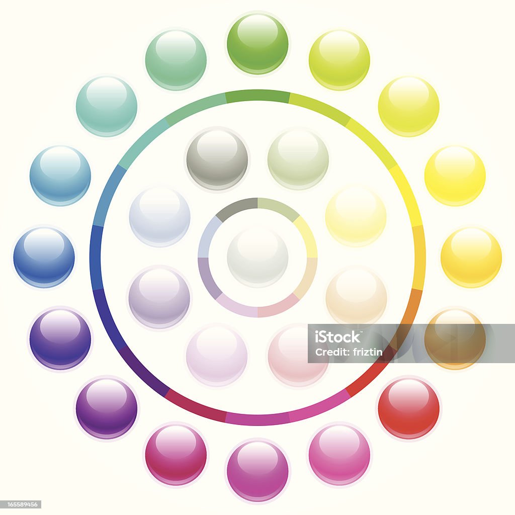 Shiny round buttons - pastels Vector shiny round buttons in 25 different colors (16 vibrant, 8 pastels and 1 white), arranged as a chromatic wheel. Circle stock vector