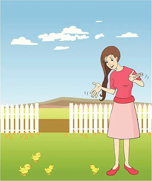 Vector illustration of girl with chickens