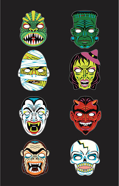 вектор винтаж хэллоуин маски - monster horror spooky human face stock illustrations