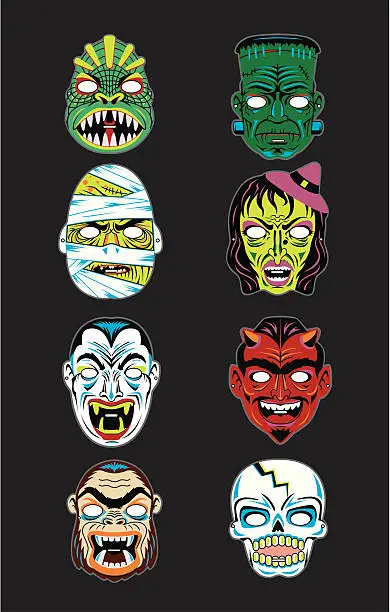 Vector illustration of Vector Vintage Halloween Masks