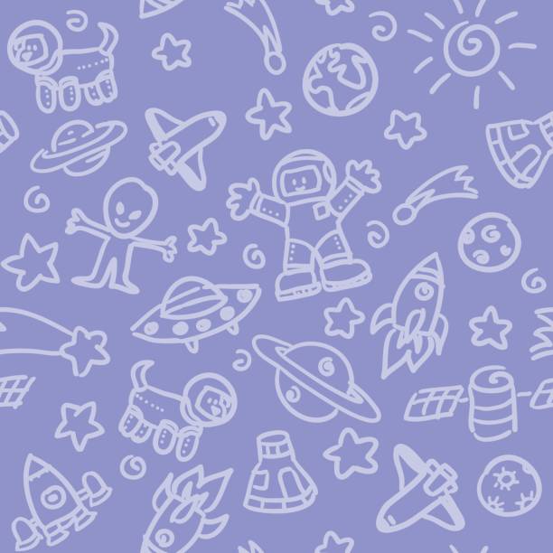 seamless pattern: space seamless background with hand drawn space related illustrations. just drop into your illustrator swatches and use as a tiled fill.  astronaut backgrounds stock illustrations