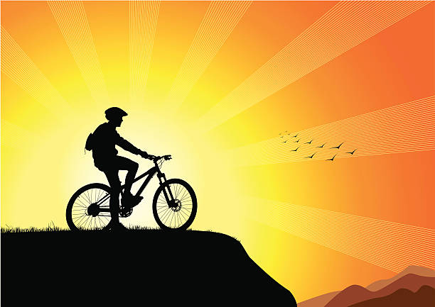 ilustrações, clipart, desenhos animados e ícones de motociclista o pôr-do-sol - silhouette landscape cliff mountain