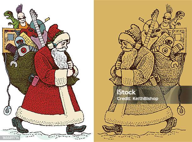 Velha Moda Santa Claus Carregar Apresenta - Arte vetorial de stock e mais imagens de Pai Natal - Pai Natal, Brinquedo, Caneta e Tinta