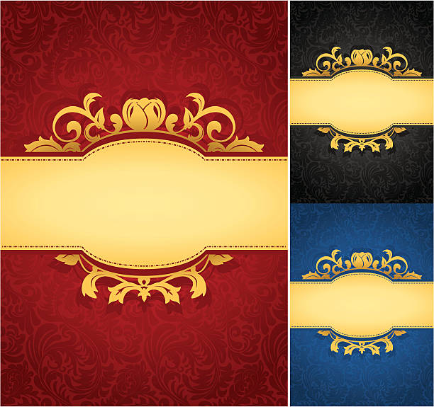 elegante golden frame banner mit verzierten wallpaper hintergrund (drei versionen - wallpaper pattern silk pattern rococo style stock-grafiken, -clipart, -cartoons und -symbole