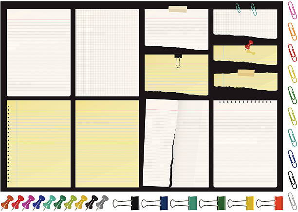 ilustrações de stock, clip art, desenhos animados e ícones de documentos n clips - thumbtack bulletin board blue office supply