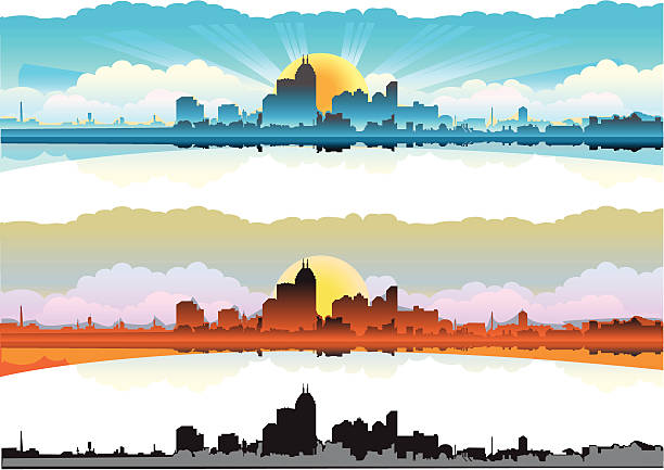 illustrazioni stock, clip art, cartoni animati e icone di tendenza di skyline della città all'alba al tramonto - indianapolis skyline cityscape indiana