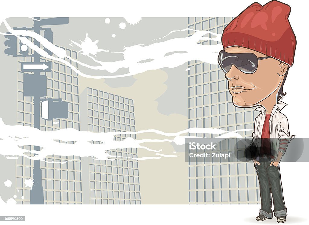Street Dude Vector illustration of a contemporary young guy with sunglasses and street attitude standing with hands in pockets in front of a city background. Adult stock vector