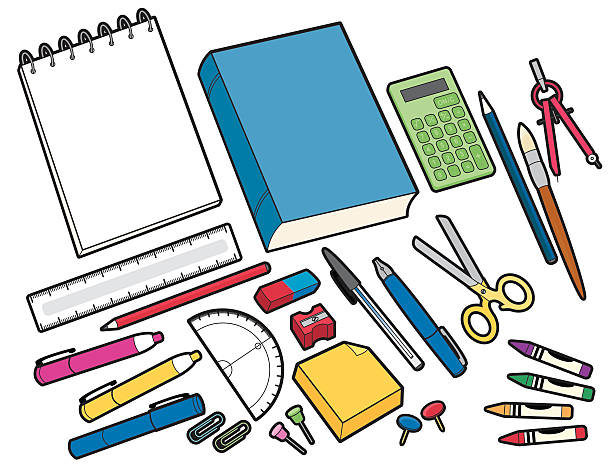 illustrazioni stock, clip art, cartoni animati e icone di tendenza di scuola apparecchiature - ruler ballpoint pen pen isolated
