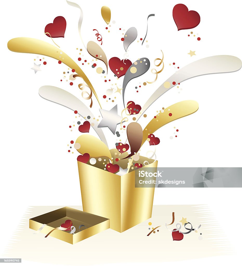 Corações de ouro e metálicos caixa de oferta com Confete celebração Design - Royalty-free Amor arte vetorial