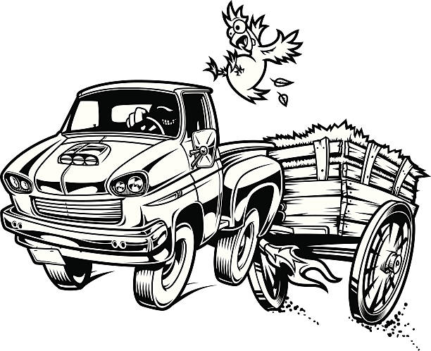 Hay RIDE YEEEEHAAAAW B&amp;W This is an illustration of a Hayride. Set up as single color image. All secondary color levels are removable down to a simple flat color image. A FULL COLOR version is also available for download. The file is provided as an Illustrator 8 EPS and a 300dpi high-rez jpg. scared chicken cartoon stock illustrations