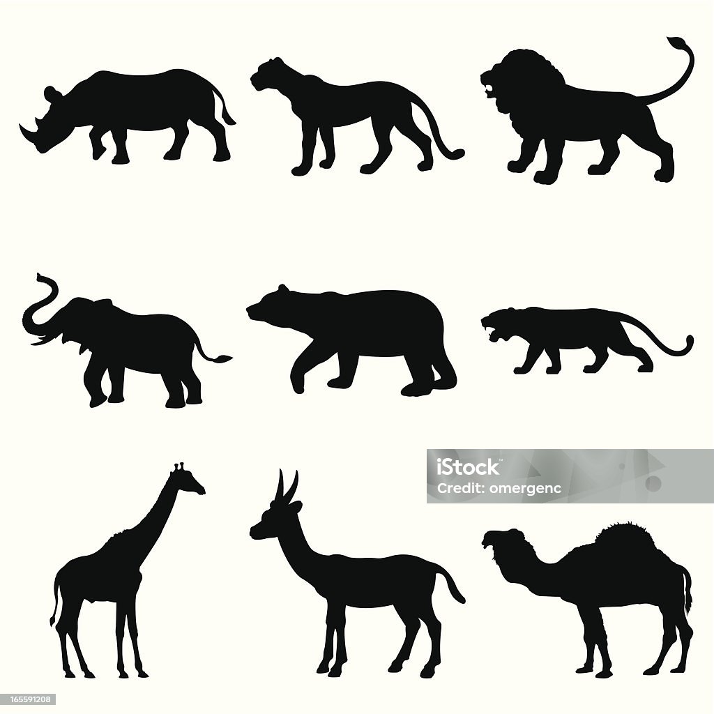 Set of nine illustrated jungle animal silhouettes wild animals as black silhouettes.this vector file contains eps 8, aics2, ai10, pdf and 300dpi jpeg formats. In Silhouette stock vector
