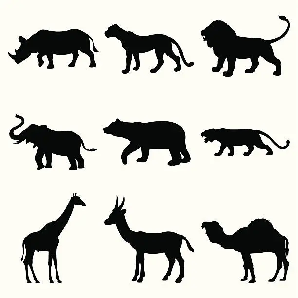 Vector illustration of Set of nine illustrated jungle animal silhouettes