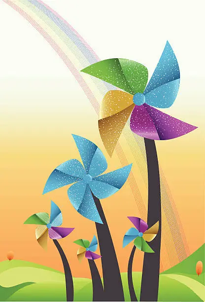 Vector illustration of cartoon set with lots of windmills