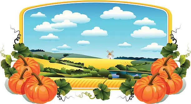 Vector illustration of Rural landscape and pumpkins