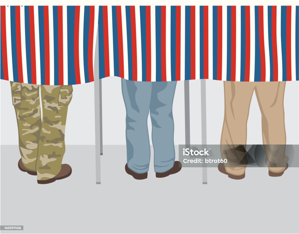 Voters A soldier and two civilians stand inside voting booths while they vote. Under the red, white, and blue striped curtain, you see their legs. Voting Booth stock vector