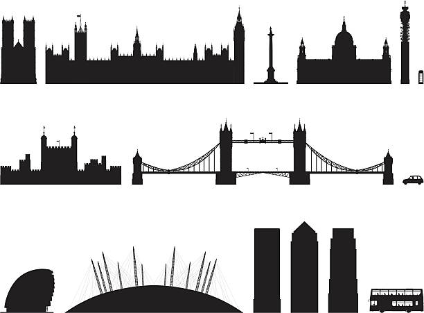 Incredibly Detailed London Buildings From left to right: Westminster Abbey, Big Ben and the Houses of Parliament (Big Ben and the tallest tower are separate from parliament so it is possible to use them separately if needed), Nelson's Column, Saint Paul's Cathedral, Telecom Tower, a London phone box, the Tower of London, Tower Bridge, a London taxi, City Hall, the Millenium Dome, Canary Wharf, and a double-decker bus. houses of parliament london stock illustrations
